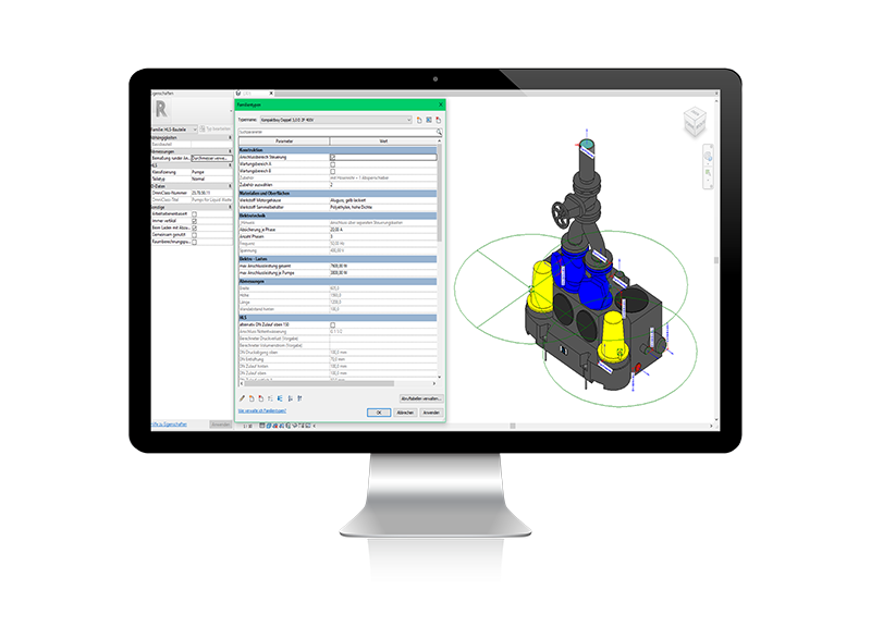 Bildschirmaufnahme der BIM Daten in Revit einer Abwasserhebeanlage Blick in die BIM Daten einer Hebeanlage in Autodesk Revit