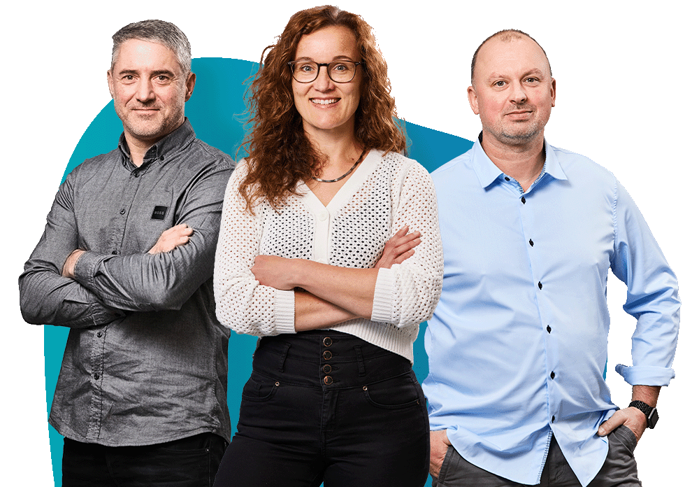 Vertriebsteam Zehnder Pumpen Gruppenbild von 2 Mitarbeitern und einer mItarbeiterin im Vertrieb