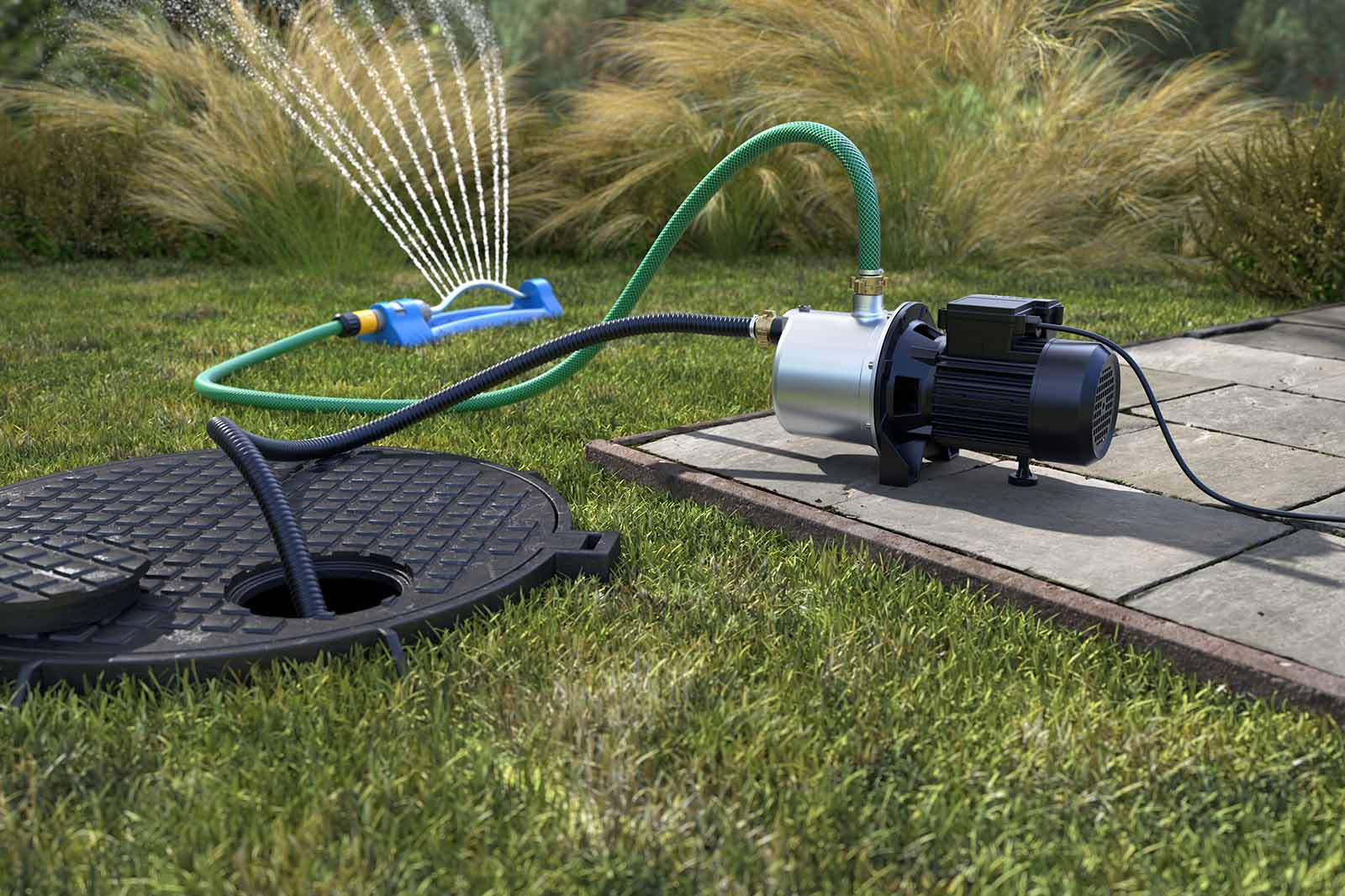 Gartenpumpe Garden 2000 saug Wasser aus Zisterne und bewässert Grundstück