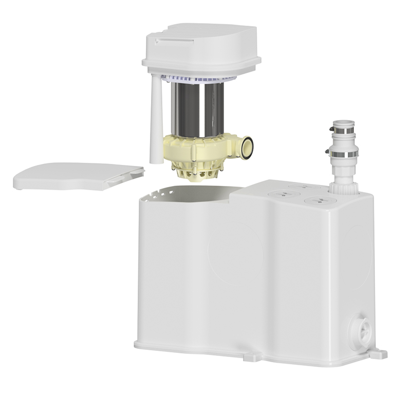 Produktbild der Schmutzwasserhebeanlage VersaLift von Zehnder Pumpen mit entnommener Motoreinheit. Die Darstellung zeigt die wartungsfreundliche Konstruktion der Anlage und den einfachen Zugang zu den Komponenten