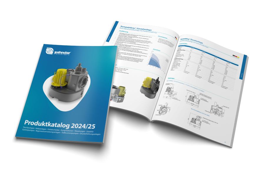 Zehnder Produktkatalog 2024/25 Mockup des Zehnder Produktkatalogs 2024/25 mit einer Abbildung einer Pumpe auf dem Cover und technischen Zeichnungen und Spezifikationen auf den Innenseiten