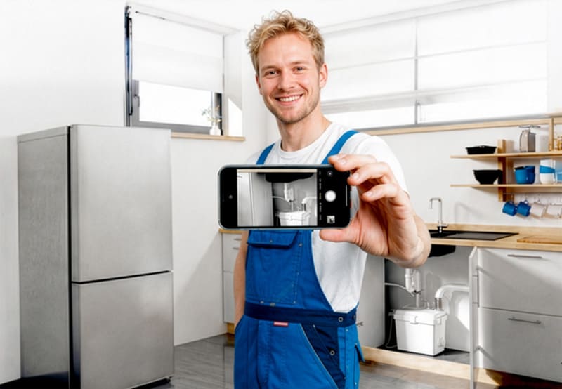 Lächelnder Fachhandwerker in blauer Arbeitskleidung hält in einer Küche ein Smartphone mit dem Foto einer Installation in die Kamera.