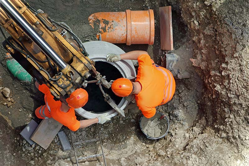 Zwei Monteure setzen mit Hilfe eines Krans einen schweren Betonschacht für Abwasser präzise ins Erdreich ein Präzision im Einsatz: Betonschacht für Abwasser wird installiert
