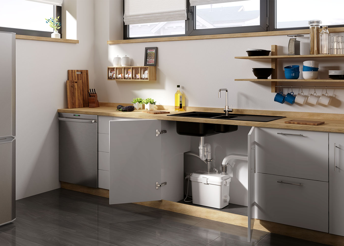 Hebeanlage für Schmutzwasser SWH 100 in einer Küche im Keller installiert