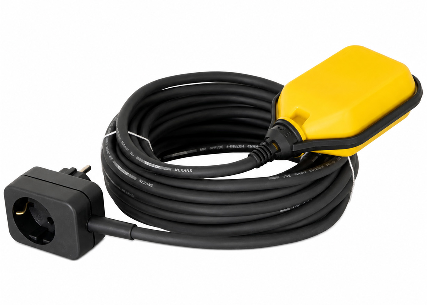 Gelber Schwimmerschalter mit Zwischenstecker und langem schwarzem Anschlusskabel zur automatischen Steuerung von Pumpen anhand des Wasserstands.