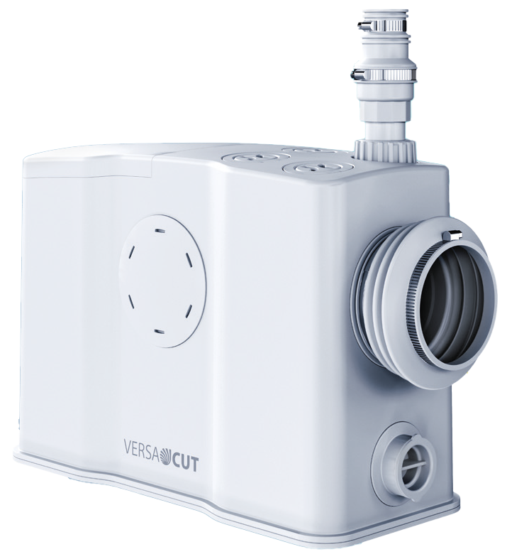 Die Zehnder VersaCut ist eine weiße, rechteckige Kleinhebeanlage mit mehreren Zuläufen und integriertem Schneidwerk.