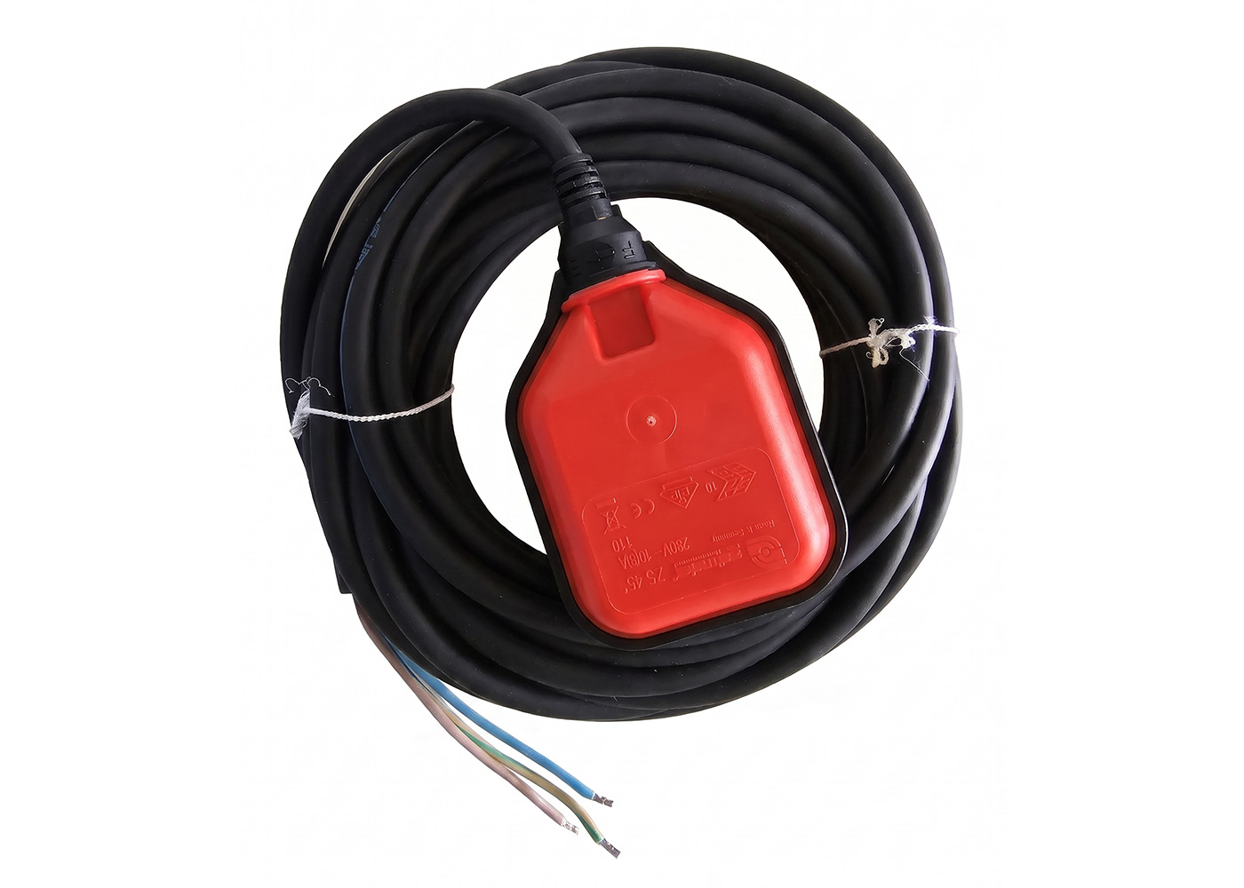 Roter Schwimmerschalter mit schwarzem Anschlusskabel zur automatischen Pumpen- und Füllstandssteuerung