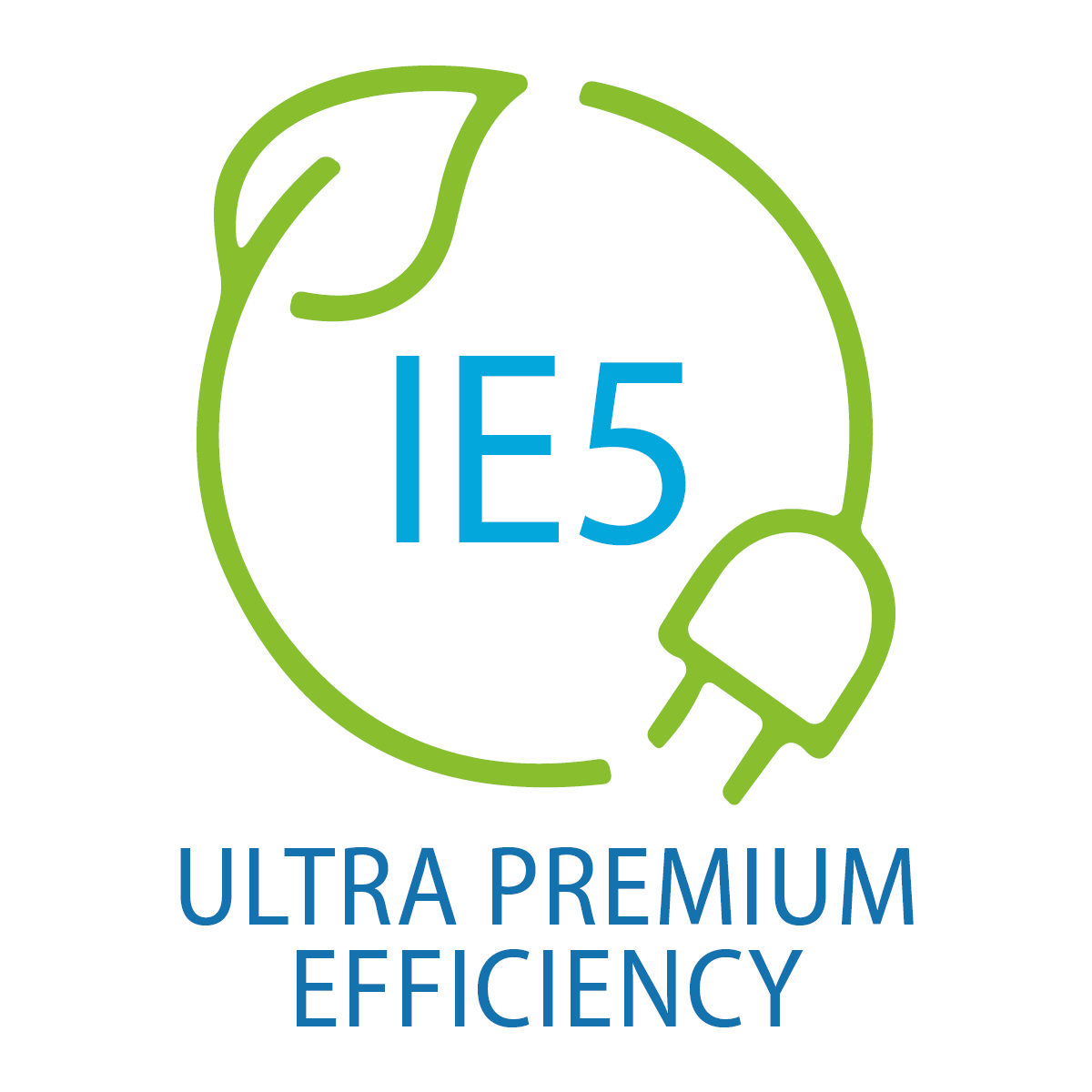 Logo zur Kennzeichnung der IE5-Effizienzklasse mit grünem Blatt- und Stecker-Symbol. In der Mitte steht „IE5“, darunter der Schriftzug „Ultra Premium Efficiency“. Das Logo signalisiert höchste Energieeffizienz bei Elektromotoren