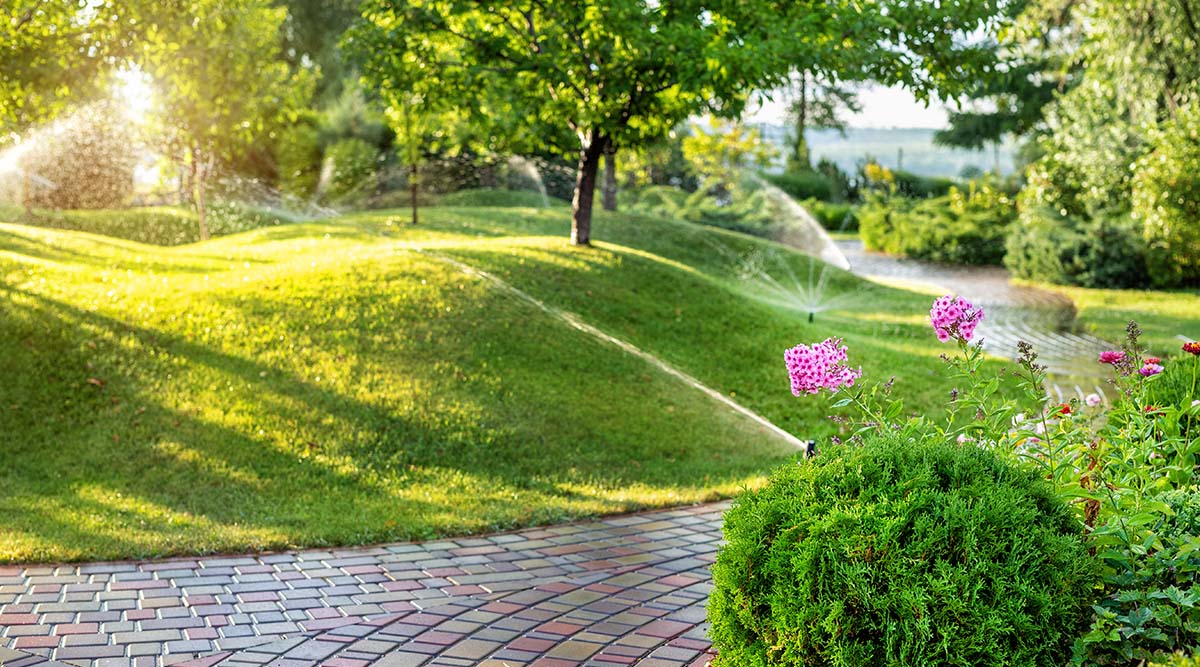 Garten mit Gehweg, Rasen, Blumen und Büschen während der Bewässerung durch Rasensprenger