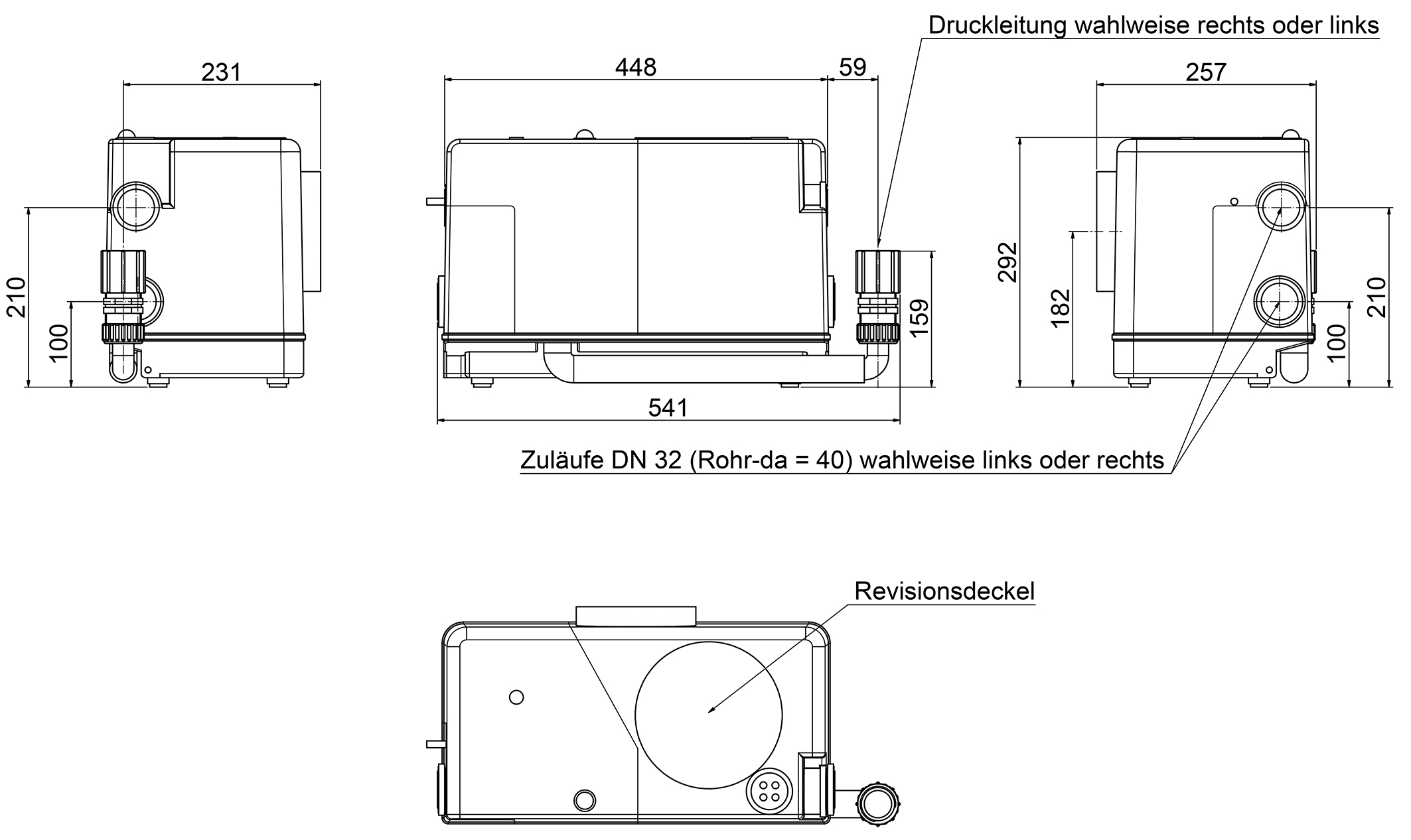 Abmessungszeichnung der Fäkalienkleinhebeanlage Microboy Pro
